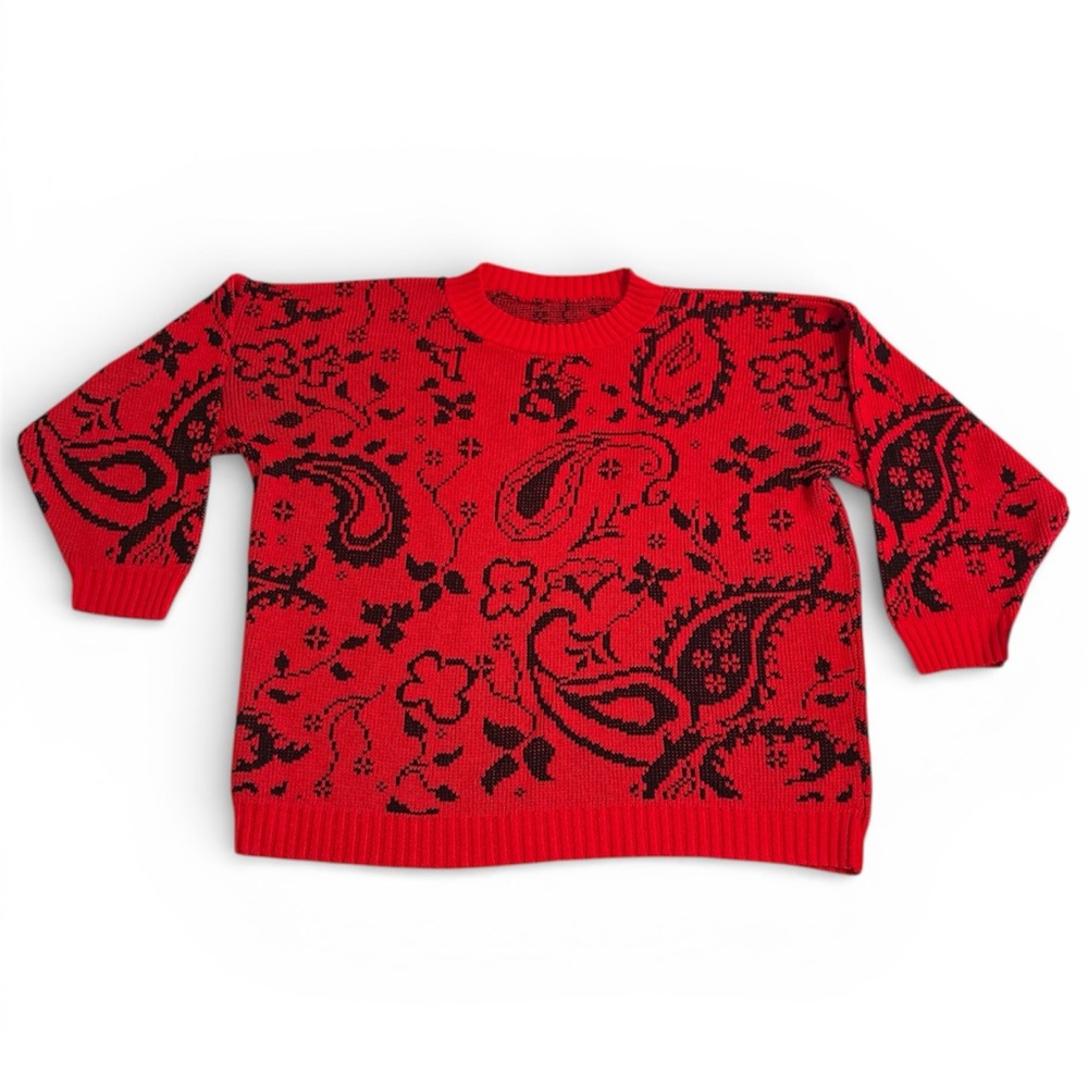 VTG 80s Made in USA Red Black Paisley Knit Sweater Oversized Slouchy Grandmacore